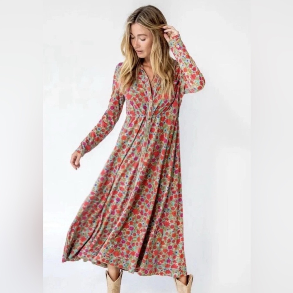 Natural Life Christa Knit Maxi Dress XLarge Boho Floral Button Front EUC